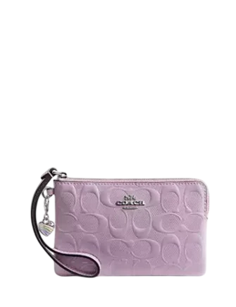Coach Corner Zip Wristlet In Signature Leather With Heart Charm Light Violet 