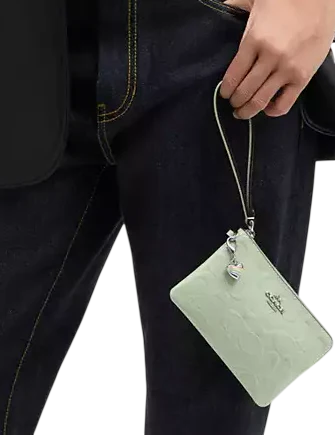 Coach Corner Zip Wristlet In Signature Leather With Heart Charm Pale Green
