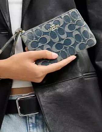 Coach Corner Zip Wristlet In Signature Regenerative Cotton Denim