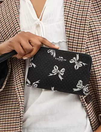 Coach Corner Zip Wristlet With Bow Print  Black 