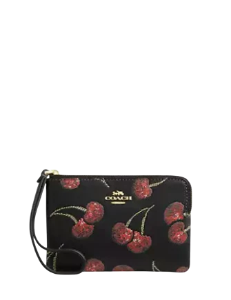 Coach Corner Zip Wristlet With Cherry Print Black