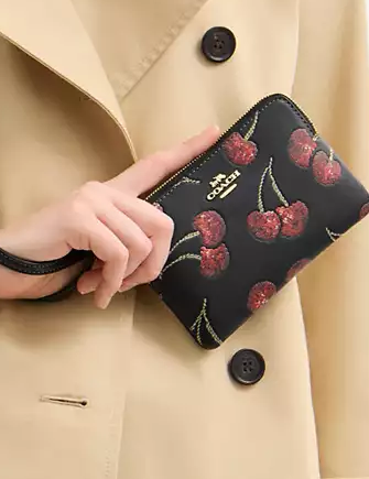 Coach Corner Zip Wristlet With Cherry Print Black