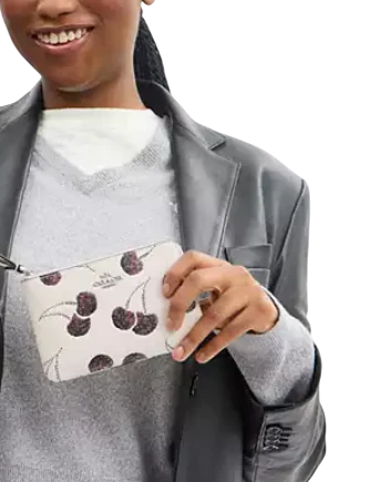 Coach Corner Zip Wristlet With Cherry Print Chalk