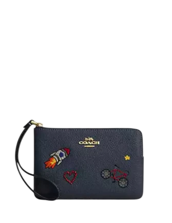 Coach Corner Zip Wristlet With Embroidery Dark Denim