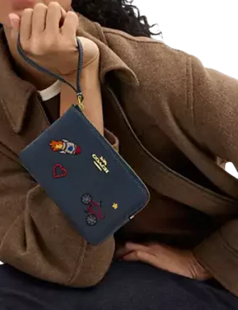 Coach Corner Zip Wristlet With Embroidery Dark Denim