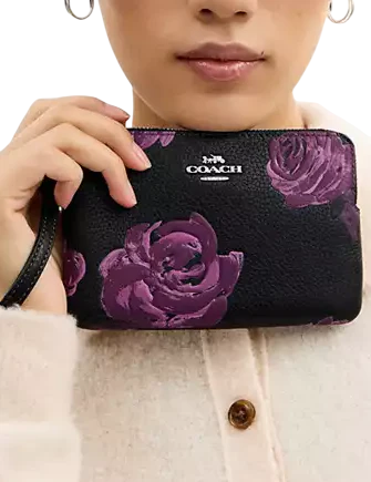 Coach Corner Zip Wristlet With Floral Print Black Purple