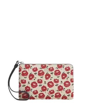 Coach Corner Zip Wristlet With Floral Print Chalk Black