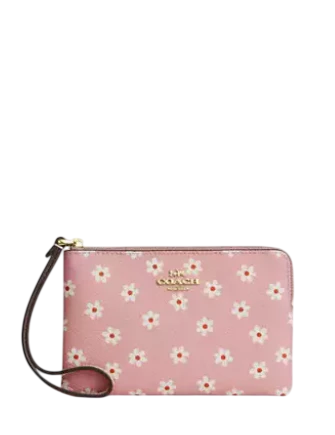 Coach Corner Zip Wristlet With Floral Print Pink