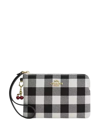 Coach Corner Zip Wristlet With Gingham Print And Charm Black White