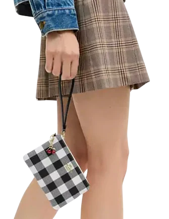 Coach Corner Zip Wristlet With Gingham Print And Charm Black White
