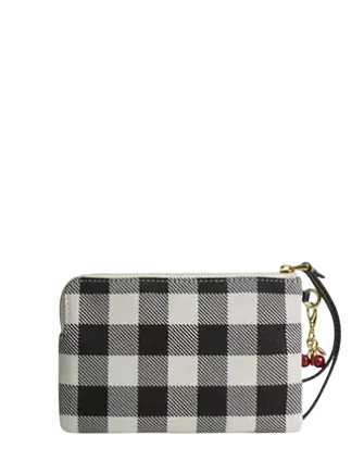 Coach Corner Zip Wristlet With Gingham Print And Charm Black White