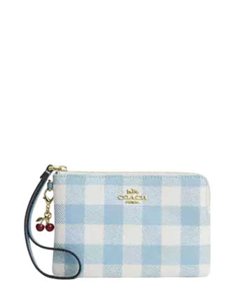 Coach Corner Zip Wristlet With Gingham Print And Charm Blue