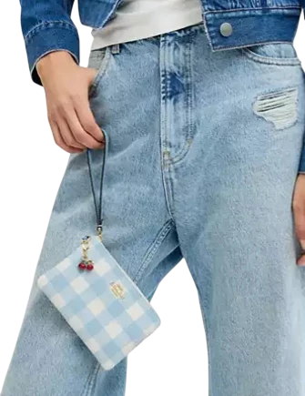 Coach Corner Zip Wristlet With Gingham Print And Charm Blue