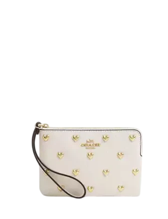 Coach Corner Zip Wristlet With Heart Rivets Chalk