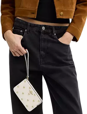 Coach Corner Zip Wristlet With Heart Rivets Chalk