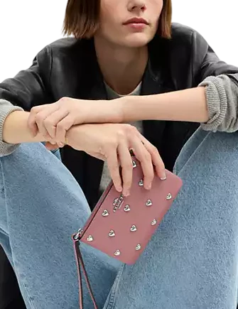 Coach Corner Zip Wristlet With Heart Rivets Peony
