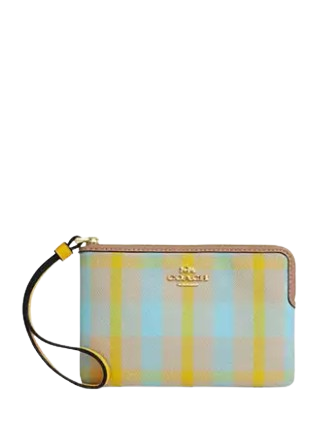 Coach Corner Zip Wristlet With Plaid Print  Bright Maize 