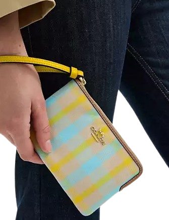 Coach Corner Zip Wristlet With Plaid Print  Bright Maize 