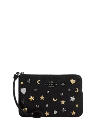 Coach Corner Zip Wristlet With Rivets Black