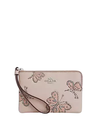 Coach Corner Zip Wristlet With Sparkly Butterfly Print Seashell