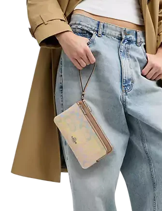 Coach Double Zip Wallet In Rainbow Signature Canvas Sand