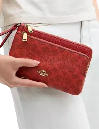 Coach Double Zip Wallet In Signature Canvas Crimson