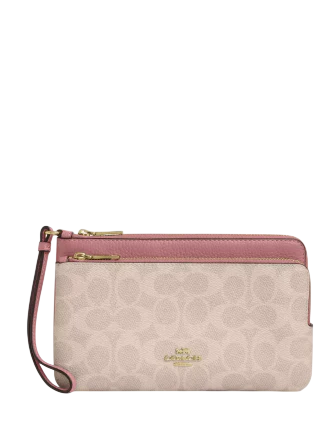 Coach Double Zip Wallet In Signature Canvas Sand Peony 