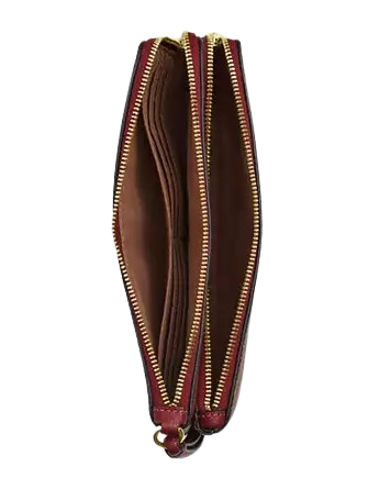 Coach Double Zip Wallet In Signature Canvas With Cherry Print Tan 