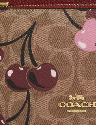 Coach Double Zip Wallet In Signature Canvas With Cherry Print Tan 