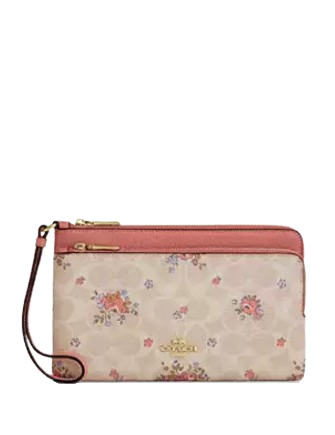 Coach Double Zip Wallet In Signature Canvas With Floral Print
