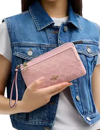 Coach Double Zip Wallet In Signature Denim Light Pink