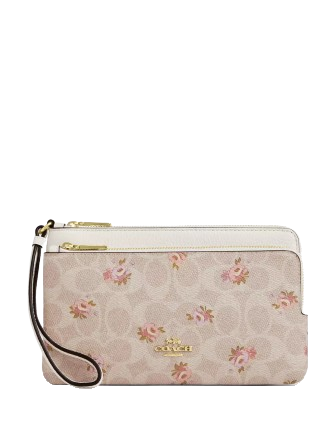 Coach Double Zip Wallet With Signature Canvas With Floral Print Sand