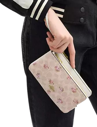 Coach Double Zip Wallet With Signature Canvas With Floral Print Sand