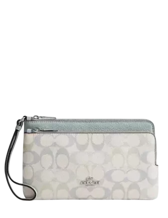 Coach Double Zip Wristlet In Pretty Signature Canvas Chalk Blue