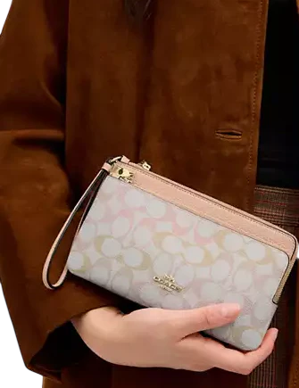 Coach Double Zip Wristlet In Pretty Signature Canvas Chalk Pink