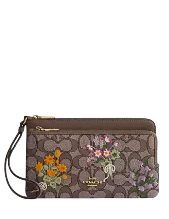 Coach Double Zip Wristlet In Signature Jacquard With Floral Embroidery Oak