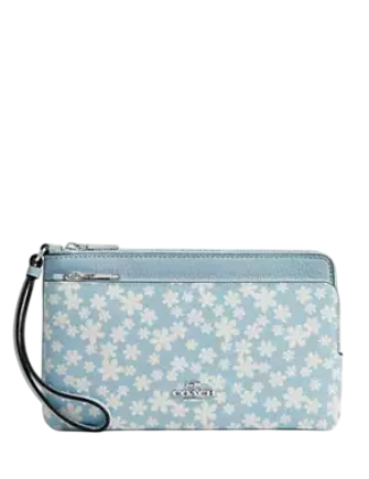 Coach Double Zip Wristlet With Floral Print Blue