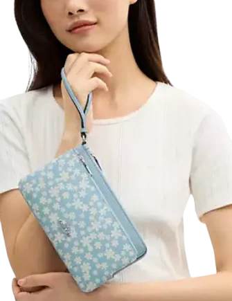 Coach Double Zip Wristlet With Floral Print Blue