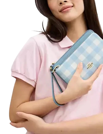 Coach Double Zip Wristlet With Gingham Print Blue White