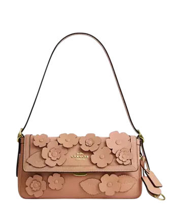 Coach Etta Small Flap Shoulder Bag With Floral Applique Light Pink
