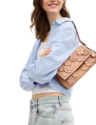 Coach Etta Small Flap Shoulder Bag With Floral Applique Light Pink