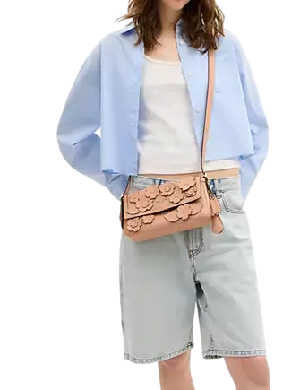 Coach Etta Small Flap Shoulder Bag With Floral Applique Light Pink