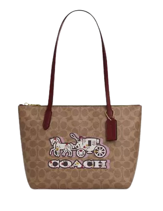 Coach Fiona Zip Tote Bag In Signature Canvas With Horse And Carriage Print Tan Black Cherry
