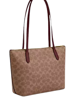 Coach Fiona Zip Tote Bag In Signature Canvas With Horse And Carriage Print Tan Black Cherry