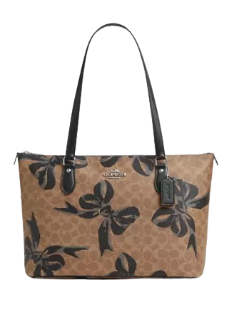 Coach Gallery Tote Bag In Signature Canvas With Bow Print Tan Black Multi