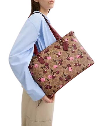 Coach Gallery Tote Bag In Signature Canvas With Cherry Print Tan