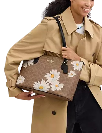 Coach Gallery Tote Bag In Signature Canvas With Floral Print Tan 