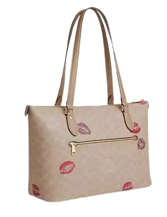 Coach Gallery Tote Bag In Signature Canvas With Lips Print Sand