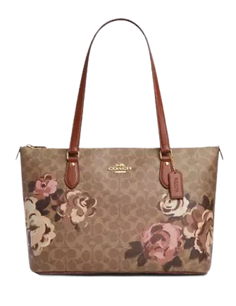 Coach Gallery Tote Bag In Signature Canvas With Rose Print Tan