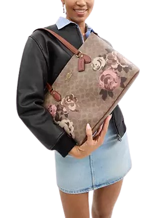 Coach Gallery Tote Bag In Signature Canvas With Rose Print Tan